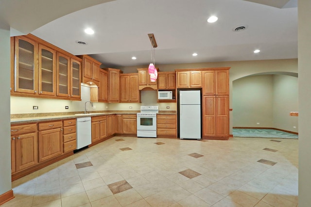 9804 Palmer Dr, Lakewood, IL 60014 - kitchen with white appliances, arched walkways, glass insert cabinets, recessed lighting, and decorative light fixtures