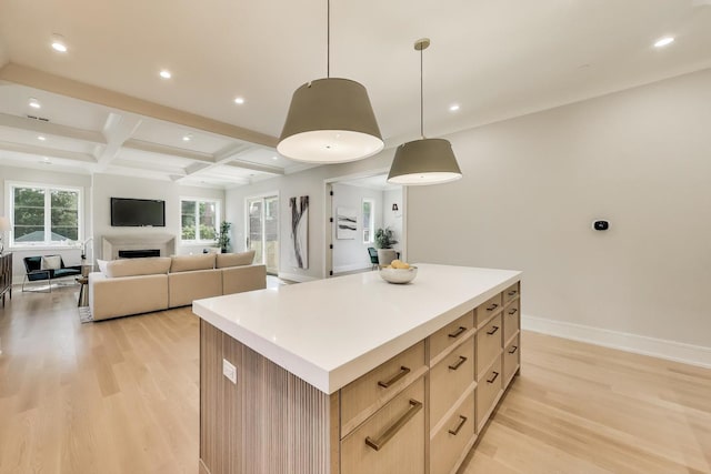 1437 Ashland Ave, River Forest, IL 60305 - kitchen with light wood-style floors, coffered ceiling, a center island, beam ceiling, and recessed lighting