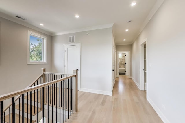1437 Ashland Ave, River Forest, IL 60305 - hallway featuring an upstairs landing, light wood-type flooring, recessed lighting, and crown molding