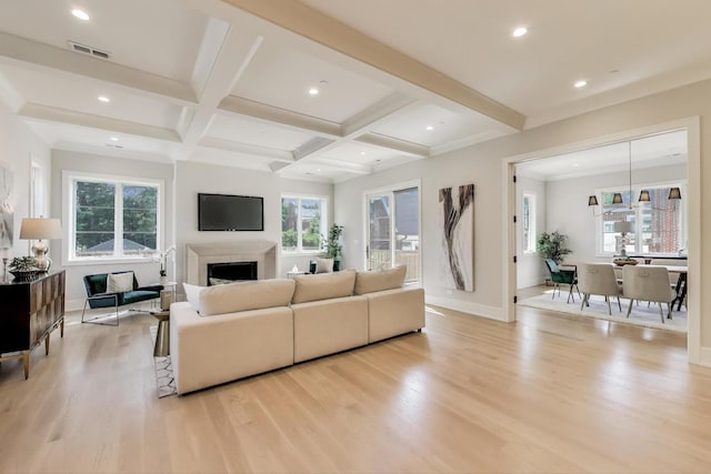 1437 Ashland Ave, River Forest, IL 60305 - living area with light wood-style floors, beam ceiling, a fireplace, coffered ceiling, and recessed lighting