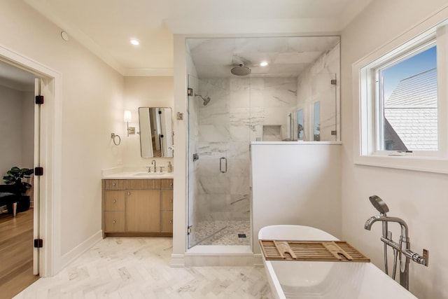 1437 Ashland Ave, River Forest, IL 60305 - full bath with marble look tile flooring, a marble finish shower, a freestanding bath, vanity, and recessed lighting