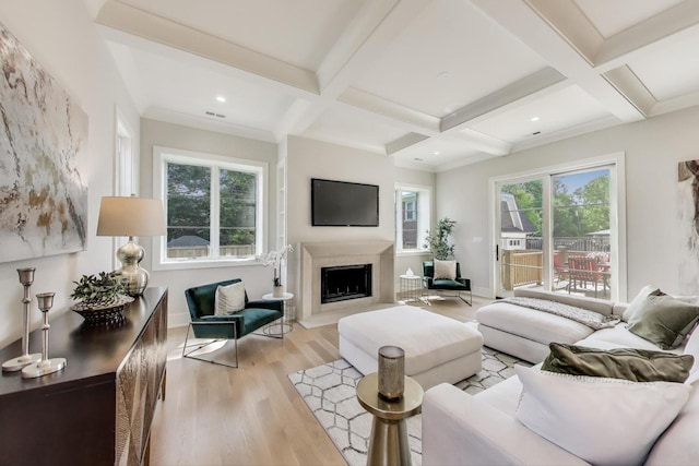1437 Ashland Ave, River Forest, IL 60305 - living room featuring healthy amount of natural light, light wood-style floors, beam ceiling, a fireplace, and coffered ceiling