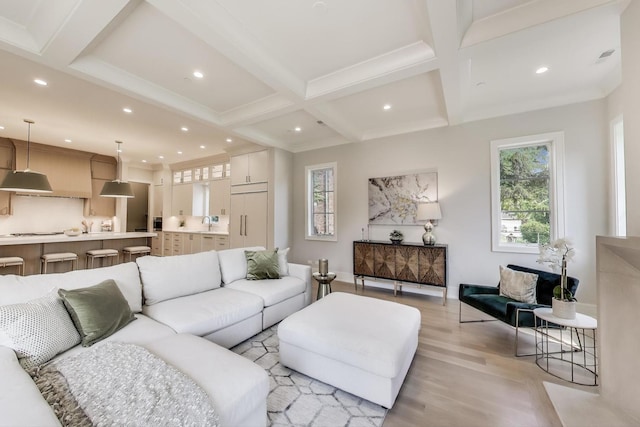 1437 Ashland Ave, River Forest, IL 60305 - living area with healthy amount of natural light, light wood-style flooring, beamed ceiling, recessed lighting, and coffered ceiling