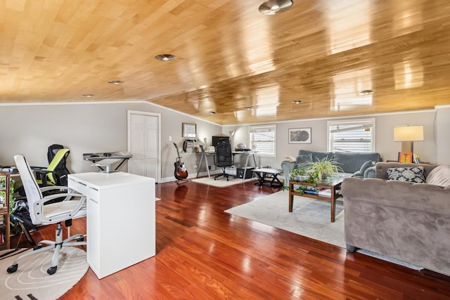 1532 N Greenview Ave, Chicago, IL 60642 - living room featuring a desk, wood finished floors, wooden ceiling, crown molding, and lofted ceiling
