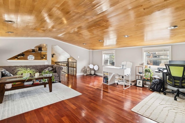 1532 N Greenview Ave, Chicago, IL 60642 - living room featuring an office area, wood ceiling, wood finished floors, and lofted ceiling