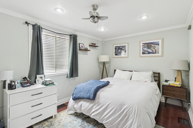 1532 N Greenview Ave, Chicago, IL 60642 - bedroom featuring ornamental molding, wood finished floors, recessed lighting, and ceiling fan