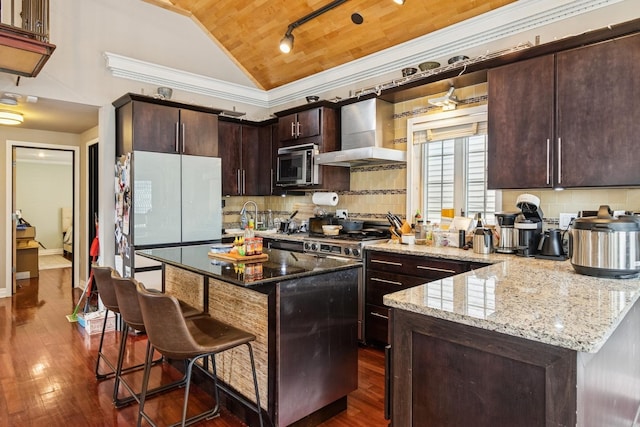 1532 N Greenview Ave, Chicago, IL 60642 - kitchen with wall chimney exhaust hood, appliances with stainless steel finishes, vaulted ceiling, wood ceiling, and dark wood finished floors