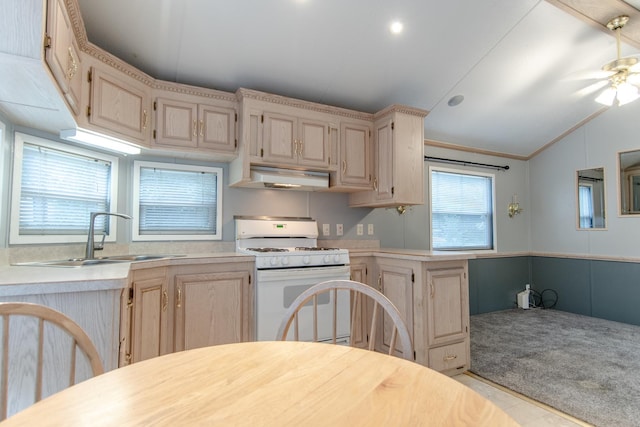 59 Fossil Ridge Ct, Wilmington, IL 60481 - kitchen with white range with gas stovetop, under cabinet range hood, light countertops, vaulted ceiling, and ceiling fan