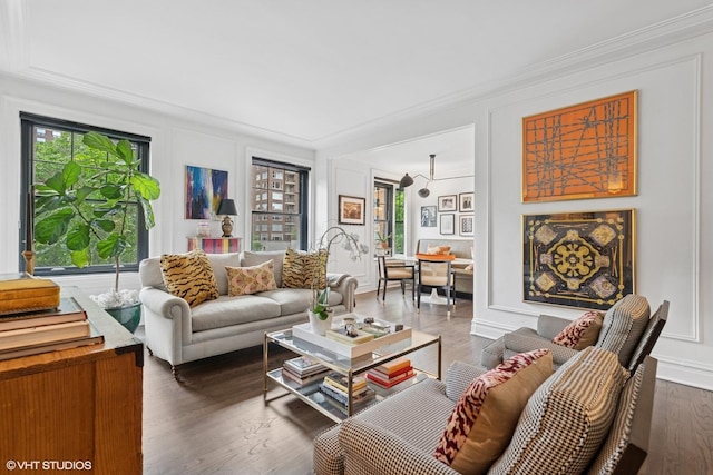 1255 N State Pkwy Unit 3D, Chicago, IL 60610 - living area featuring crown molding, dark wood-type flooring, and a decorative wall