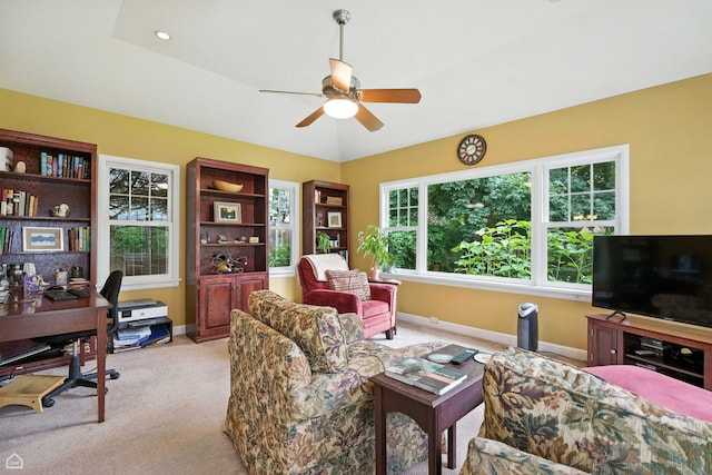 2907 Orchard Ave, Wilmette, IL 60091 - living room with a ceiling fan, an office area, and light carpet
