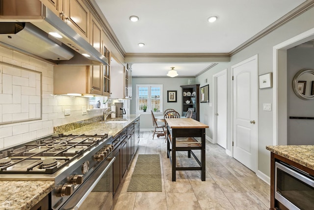 2907 Orchard Ave, Wilmette, IL 60091 - kitchen featuring under cabinet range hood, appliances with stainless steel finishes, ornamental molding, backsplash, and light stone countertops