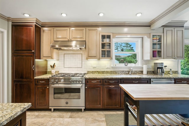 2907 Orchard Ave, Wilmette, IL 60091 - kitchen featuring high end stove, under cabinet range hood, tasteful backsplash, ornamental molding, and plenty of natural light