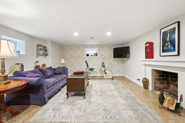2907 Orchard Ave, Wilmette, IL 60091 - living area with a fireplace with flush hearth, recessed lighting, and brick wall