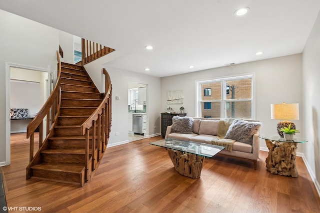 840 Forest Ave Unit C, Evanston, IL 60202 - living room featuring hardwood / wood-style flooring, stairs, and recessed lighting