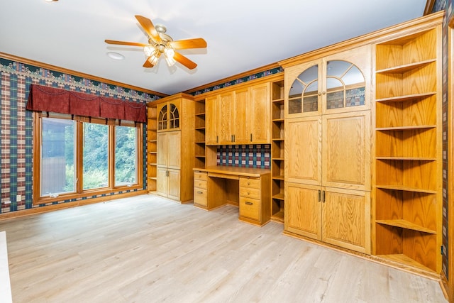 771 E Hickory Ave, Addison, IL 60101 - unfurnished office with built in study area, light wood-type flooring, ceiling fan, and crown molding