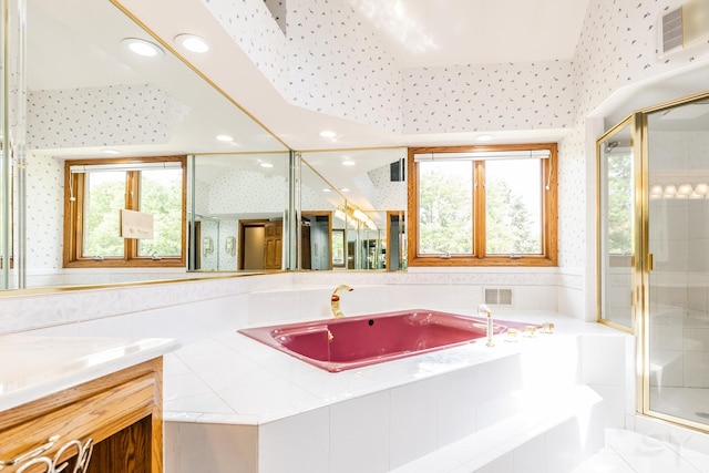 771 E Hickory Ave, Addison, IL 60101 - full bath with wallpapered walls, vanity, a shower stall, a garden tub, and recessed lighting