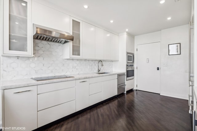 1040 N Lake Shore Dr Unit 26B, Chicago, IL 60611 - kitchen with exhaust hood, modern cabinets, appliances with stainless steel finishes, dark wood-type flooring, and white cabinets