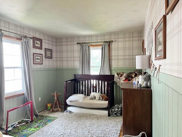 1413 Eustace Dr, Dixon, IL 61021 - bedroom with wainscoting, multiple windows, and wallpapered walls