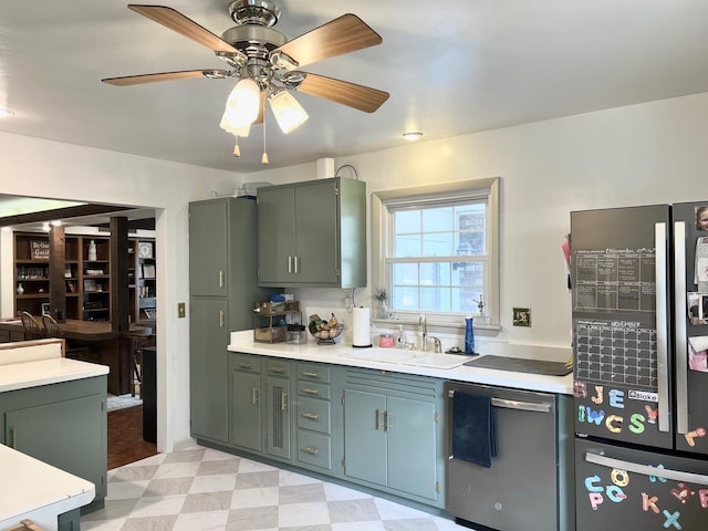 1413 Eustace Dr, Dixon, IL 61021 - kitchen featuring freestanding refrigerator, dishwasher, light countertops, a ceiling fan, and light flooring