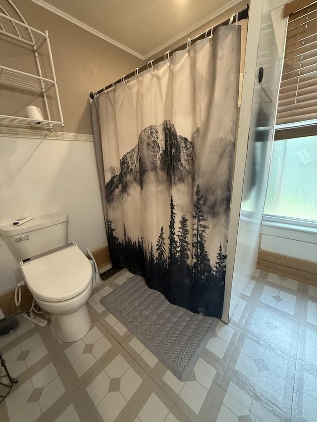 106 E Poplar St, Normal, IL 61761 - bathroom featuring tile patterned floors, a shower with shower curtain, and ornamental molding