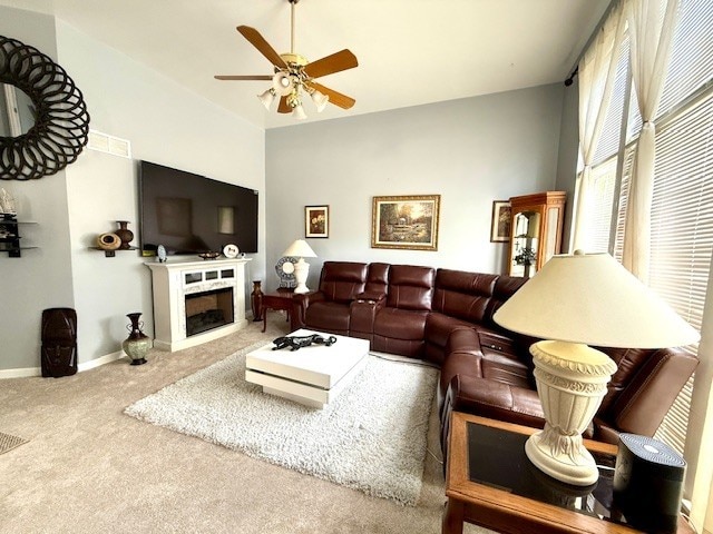 5302 Foxwood Ct, Plainfield, IL 60586 - living room featuring carpet floors, ceiling fan, and a fireplace