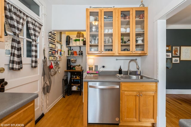 242 S Maple Ave Unit 3W, Oak Park, IL 60302 - kitchen with dishwasher, light wood finished floors, and glass insert cabinets