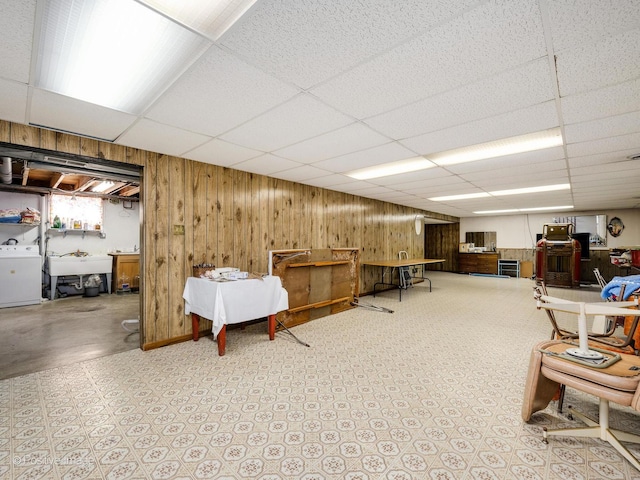 628 W 15th St, Chicago Heights, IL 60411 - below grade area with washer / clothes dryer, a drop ceiling, and wood walls
