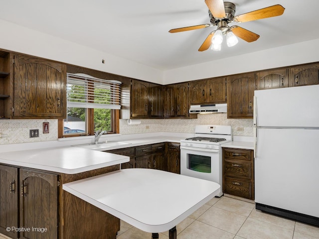 628 W 15th St, Chicago Heights, IL 60411 - kitchen with white appliances, under cabinet range hood, dark brown cabinets, and backsplash
