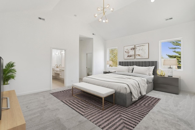 1537 Scoville Ave, Berwyn, IL 60402 - bedroom featuring carpet floors, a chandelier, ensuite bathroom, and high vaulted ceiling
