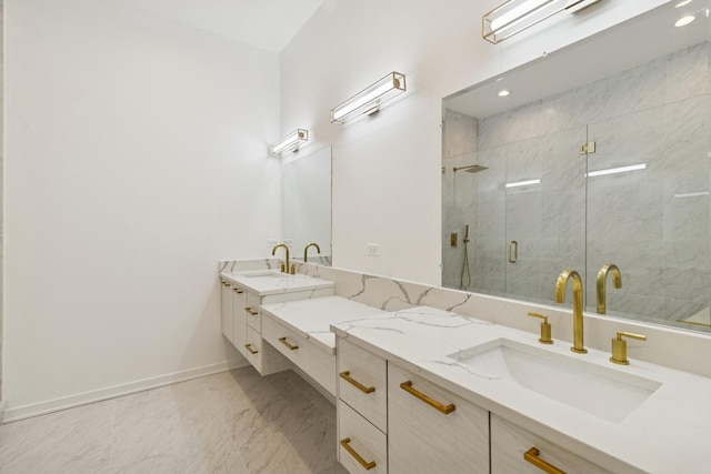 1537 Scoville Ave, Berwyn, IL 60402 - full bathroom with double vanity, marble look tile flooring, and a stall shower