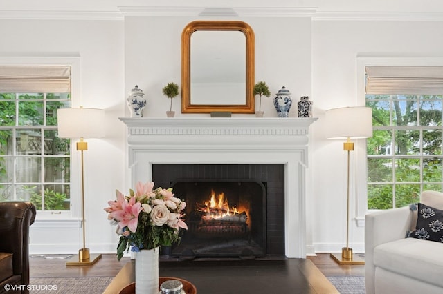 2735 Simpson St, Evanston, IL 60201 - detailed view of a fireplace with flush hearth, wood finished floors, and ornamental molding