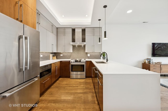 2125 N Mozart St Unit 3, Chicago, IL 60647 - kitchen with appliances with stainless steel finishes, wall chimney range hood, a peninsula, light wood finished floors, and light countertops