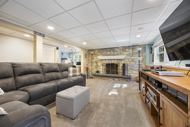 2N477 Bernice Ave, Glen Ellyn, IL 60137 - living room with carpet, a drop ceiling, recessed lighting, and a fireplace