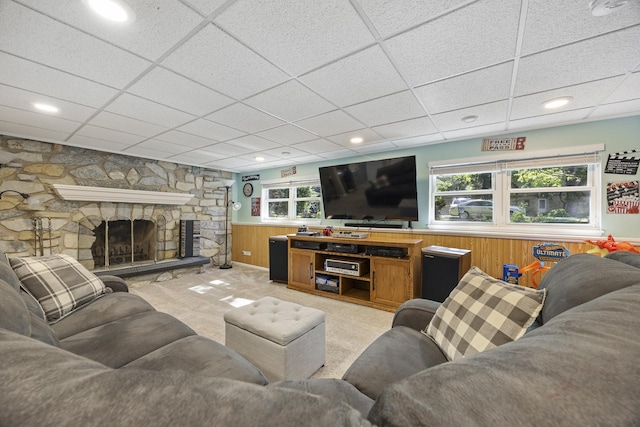 2N477 Bernice Ave, Glen Ellyn, IL 60137 - living area with a paneled ceiling, wainscoting, light carpet, a fireplace, and wooden walls