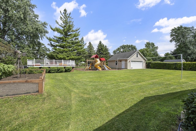 2N477 Bernice Ave, Glen Ellyn, IL 60137 - view of green lawn with a playground, a detached garage, an outdoor structure, and a garden