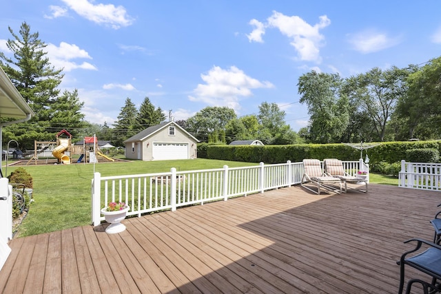 2N477 Bernice Ave, Glen Ellyn, IL 60137 - wooden deck featuring an outdoor structure, a lawn, and a playground