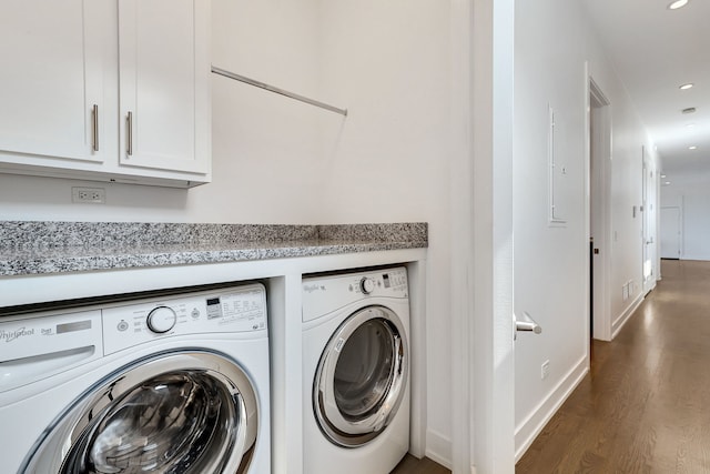 2413 W Fullerton Ave Unit 3, Chicago, IL 60647 - washroom with separate washer and dryer, wood finished floors, recessed lighting, and cabinet space