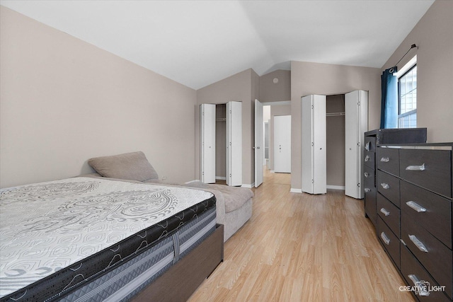 61 King Dr, Streamwood, IL 60107 - bedroom featuring light wood-style floors, vaulted ceiling, and two closets