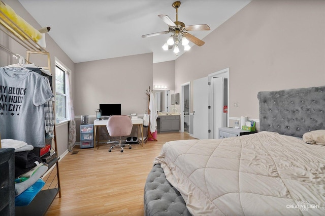 61 King Dr, Streamwood, IL 60107 - bedroom featuring light wood-type flooring, an office area, high vaulted ceiling, and a ceiling fan