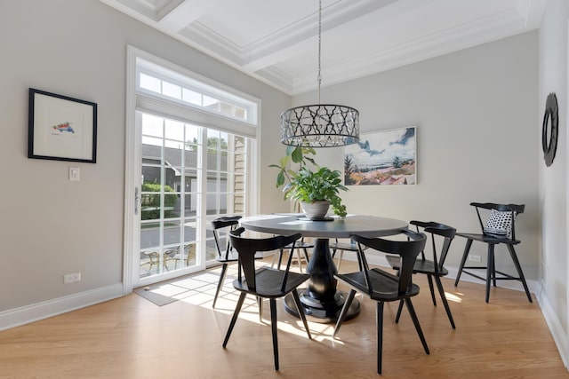 700 E Sunnyside Ave, Libertyville, IL 60048 - dining area featuring beamed ceiling, light wood finished floors, ornamental molding, coffered ceiling, and a chandelier
