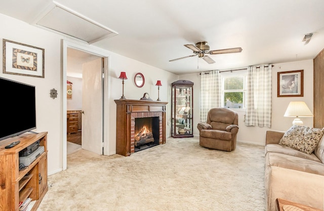 456 W Stanton Ln, Crete, IL 60417 - carpeted living area featuring ceiling fan, a brick fireplace, and attic access