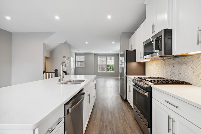 10606 Paige Ct, Orland Park, IL 60462 - kitchen with stainless steel appliances, dark wood-type flooring, recessed lighting, backsplash, and white cabinetry