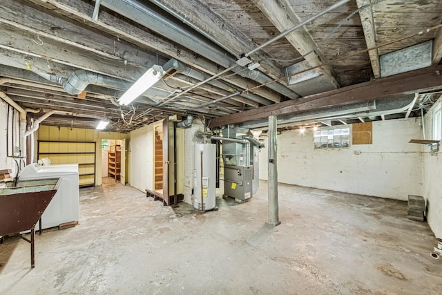 456 Grove St, Wood Dale, IL 60191 - basement featuring water heater, washer / dryer, heating unit, and stairs