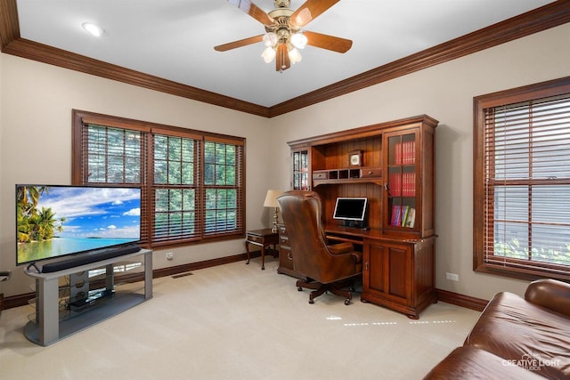 1105 Thoroughbred Cir, Saint Charles, IL 60174 - office space with light colored carpet, ornamental molding, and a ceiling fan