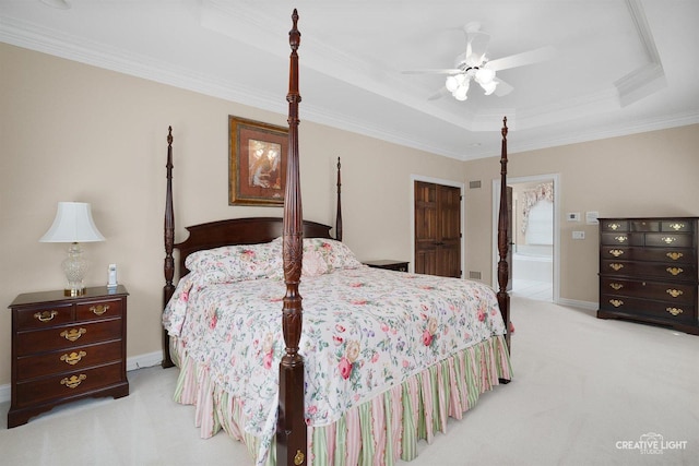 1105 Thoroughbred Cir, Saint Charles, IL 60174 - carpeted bedroom featuring ornamental molding, a raised ceiling, ensuite bath, and a ceiling fan