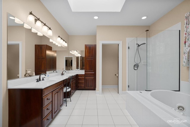 1105 Thoroughbred Cir, Saint Charles, IL 60174 - full bathroom featuring double vanity, a garden tub, a tile shower, a skylight, and tile patterned flooring