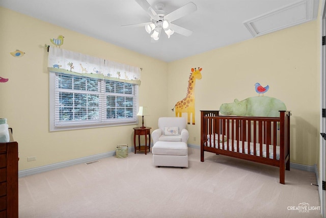 1105 Thoroughbred Cir, Saint Charles, IL 60174 - bedroom with a nursery area, carpet floors, attic access, and a ceiling fan