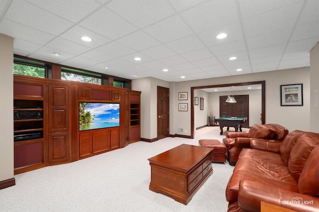 1105 Thoroughbred Cir, Saint Charles, IL 60174 - living room with billiards, light carpet, recessed lighting, and a paneled ceiling