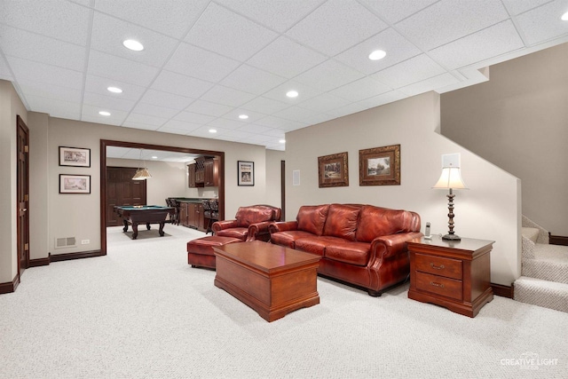 1105 Thoroughbred Cir, Saint Charles, IL 60174 - carpeted living room featuring billiards, a drop ceiling, stairway, and recessed lighting