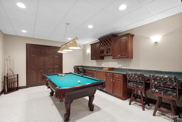 1105 Thoroughbred Cir, Saint Charles, IL 60174 - rec room with light carpet, billiards table, a paneled ceiling, and recessed lighting